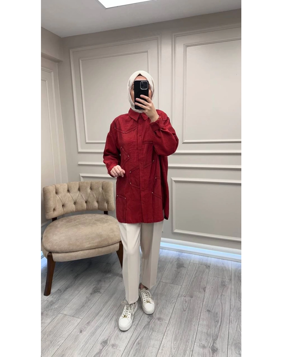 Ceremony 6146 Kırmızı Düğmeli Dikiş Detaylı Gömlek