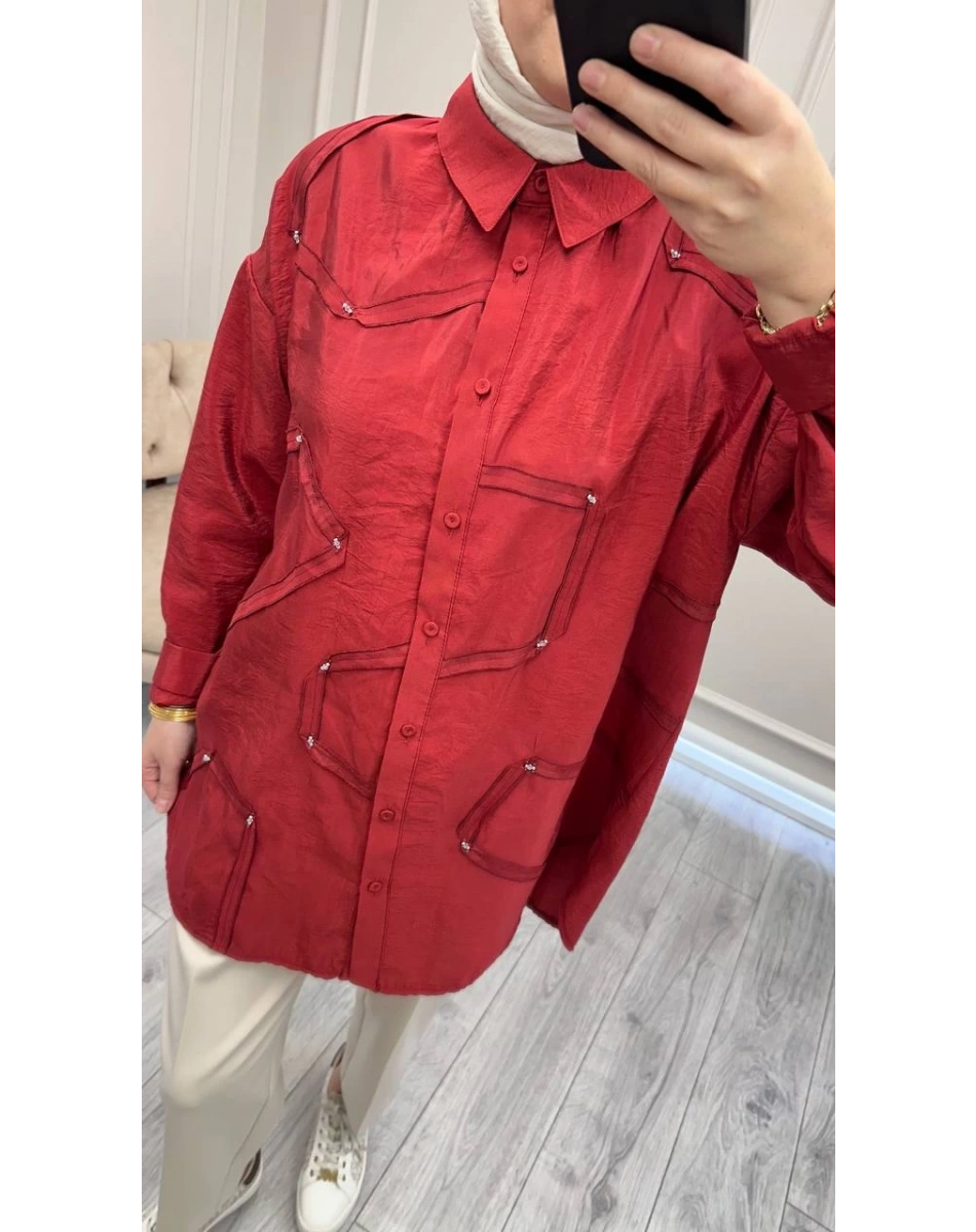 Ceremony 6146 Kırmızı Düğmeli Dikiş Detaylı Gömlek