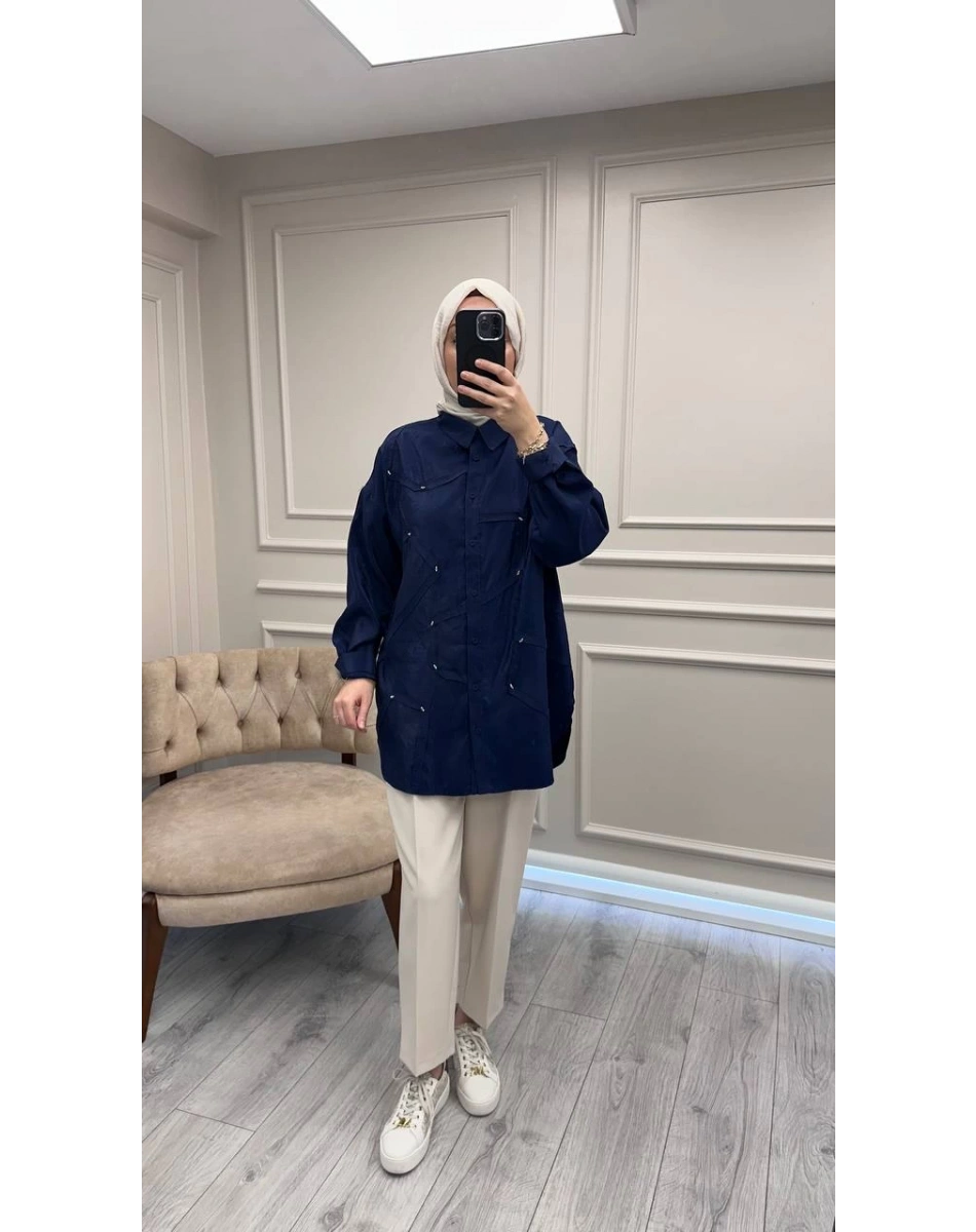 Ceremony 6146 Lacivert Düğmeli Dikiş Detaylı Gömlek