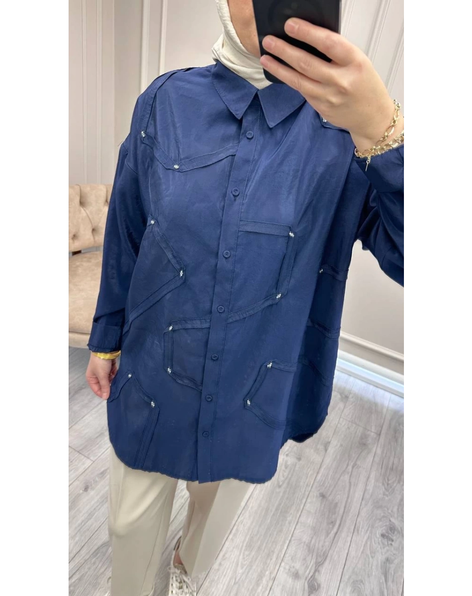 Ceremony 6146 Lacivert Düğmeli Dikiş Detaylı Gömlek