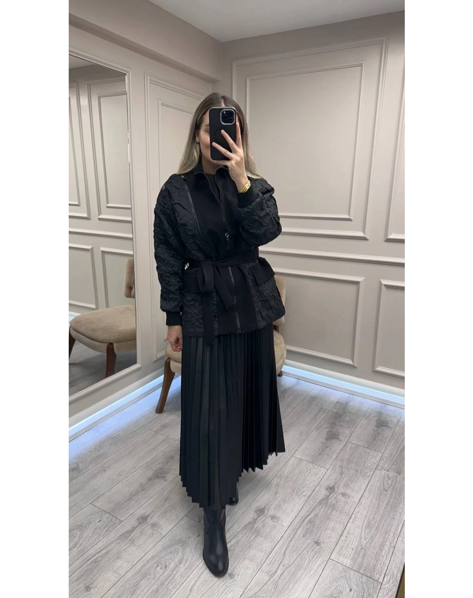 Ceremony 6620 Siyah Deri Pliseli Etek