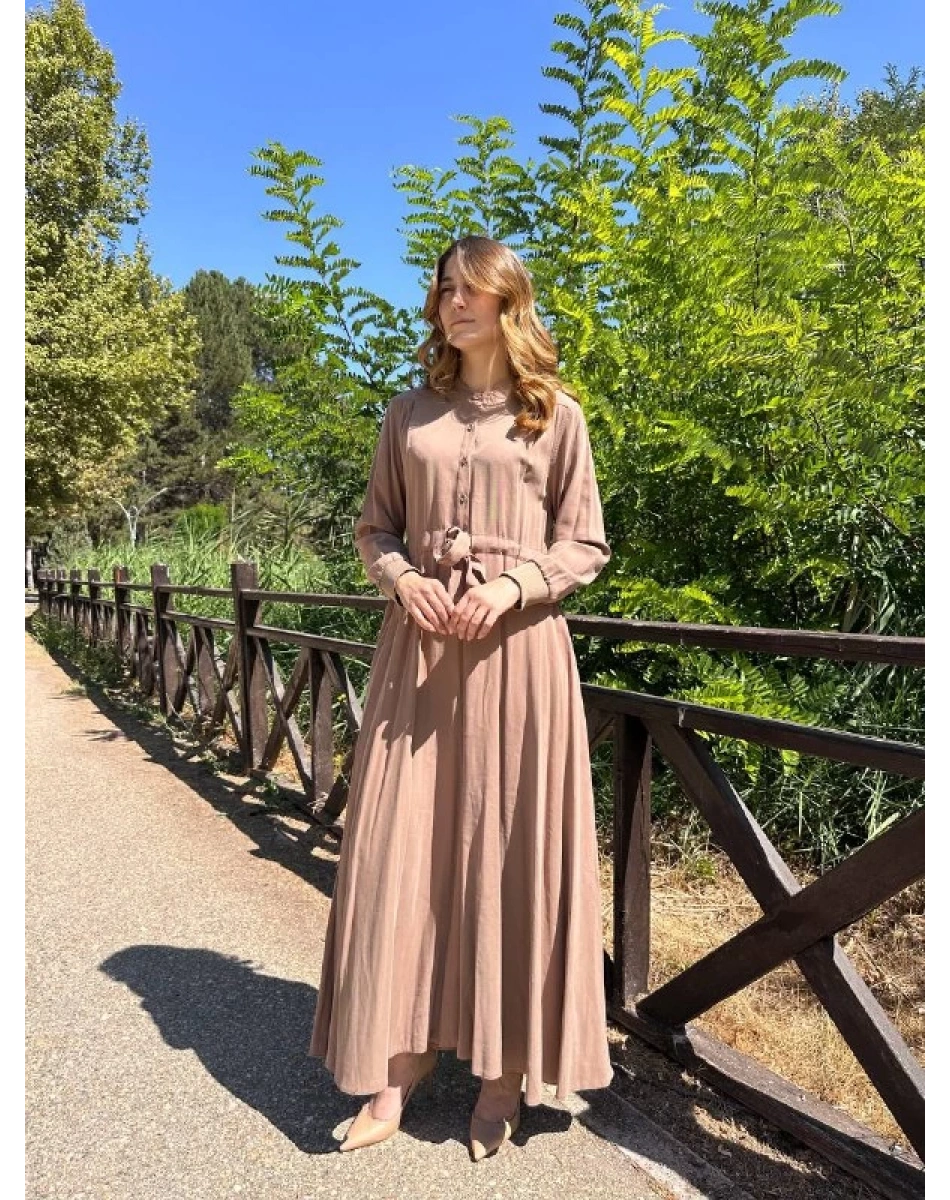 Ceremony 6702 Sütlü Kahve Önden Yarım Düğmeli Elbise