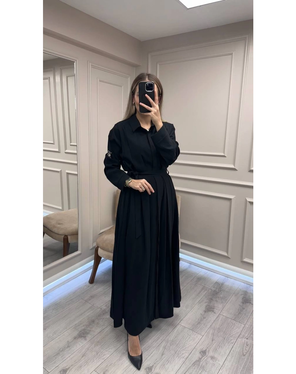 Ceremony 6717 Siyah Kolu Taş Detay Önden Düğmeli Kuşaklı Gömlek Elbise