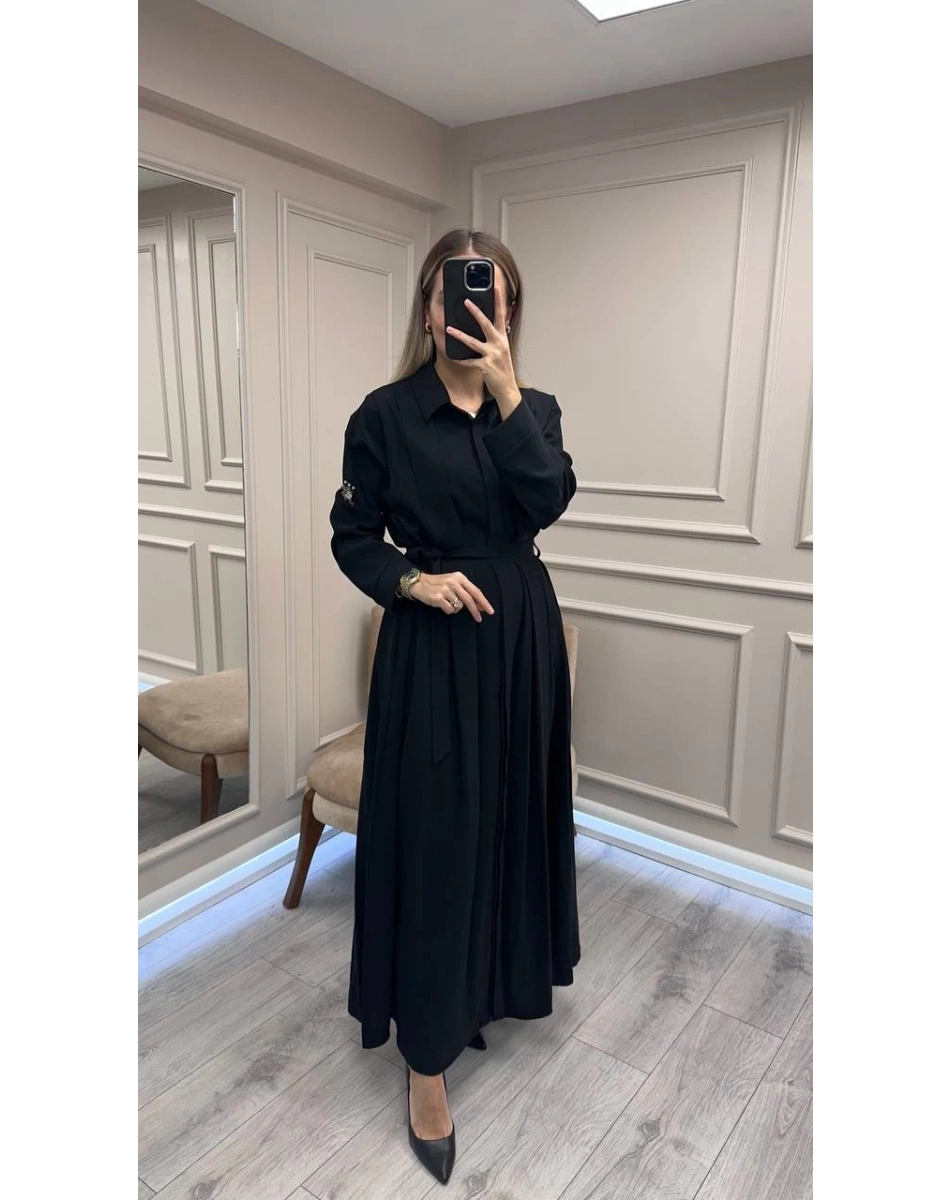 Ceremony 6717 Siyah Kolu Taş Detay Önden Düğmeli Kuşaklı Gömlek Elbise