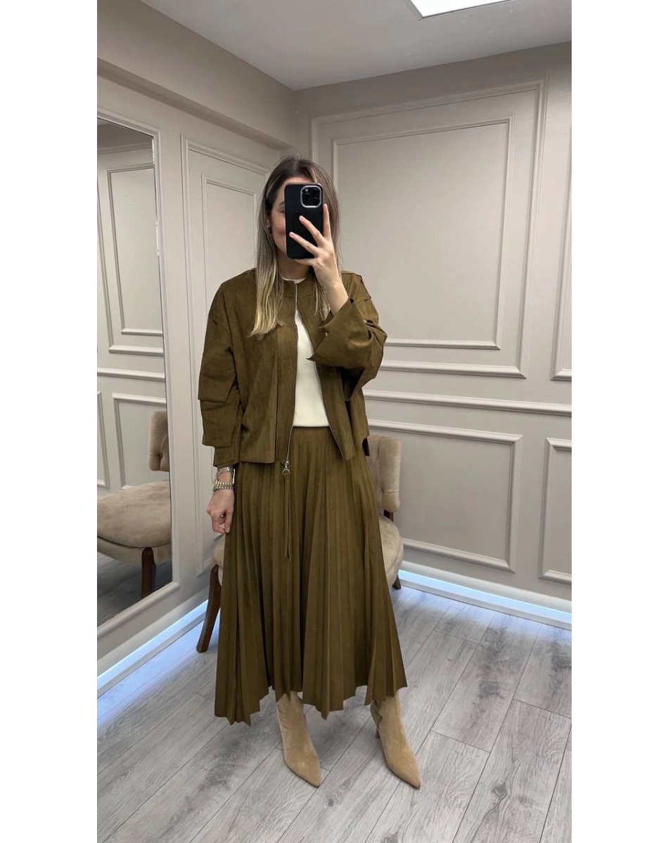 Ceremony 68101 Haki Süet Ceket Etek Takım