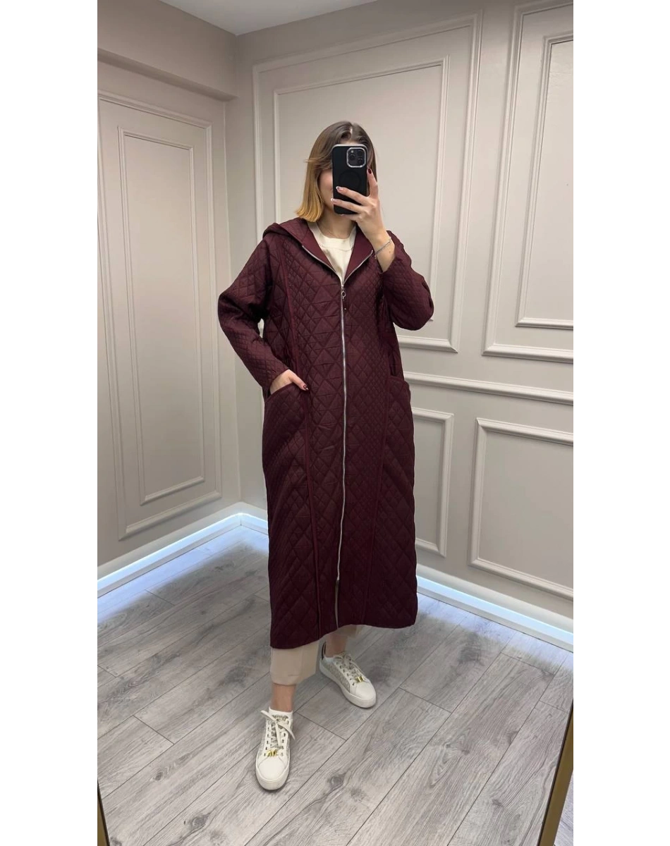 Ceremony 6838 Bordo Kapüşonu Fermuar Detaylı Kapitone Kap