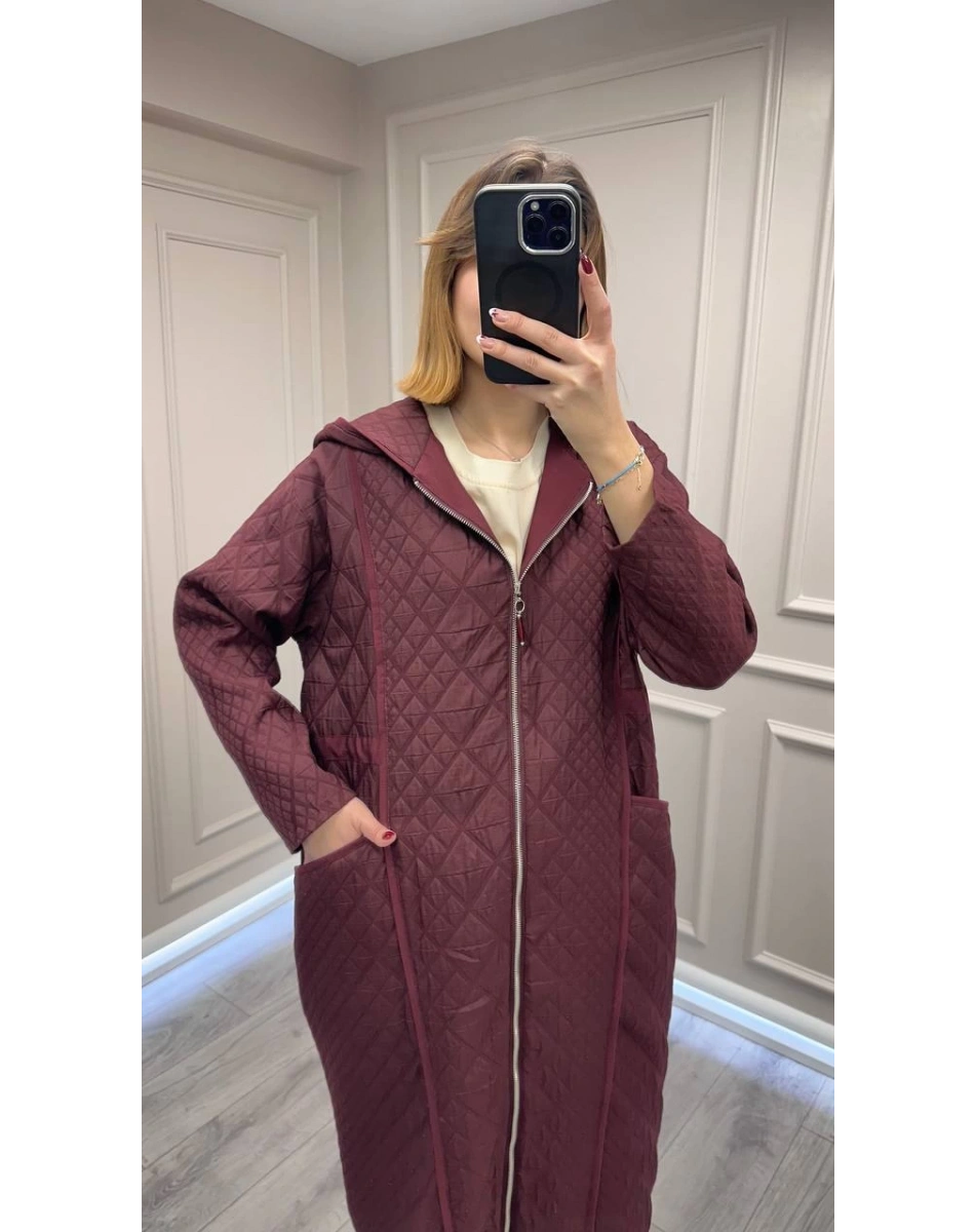 Ceremony 6838 Bordo Kapüşonu Fermuar Detaylı Kapitone Kap