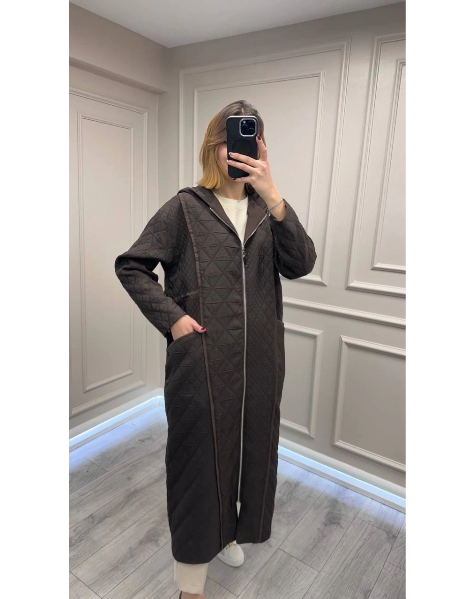 Ceremony 6838 Kahverengi Kapüşonu Fermuar Detaylı Kapitone Kap