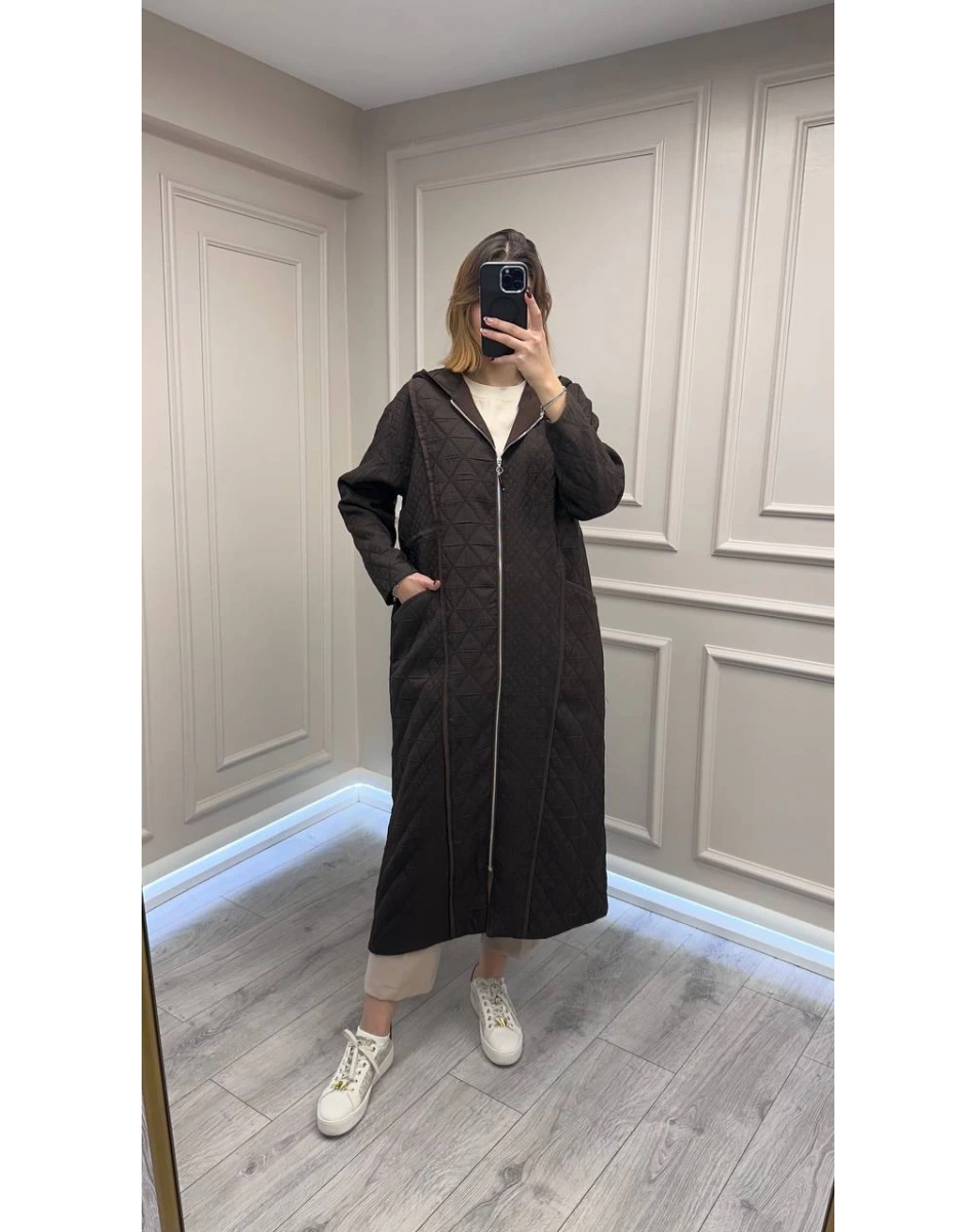 Ceremony 6838 Kahverengi Kapüşonu Fermuar Detaylı Kapitone Kap