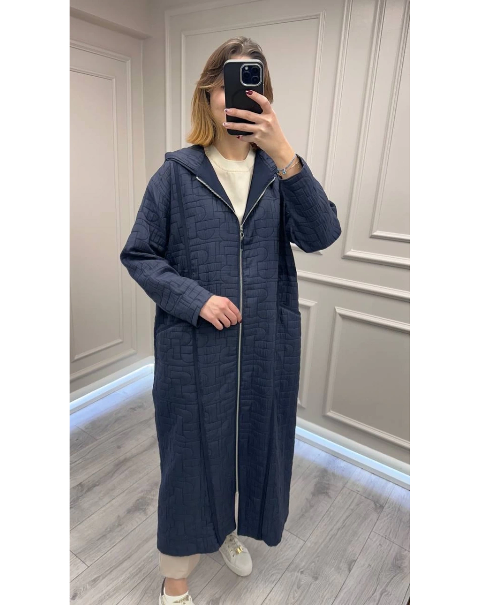 Ceremony 6838 Lacivert Kapüşonu Fermuar Detaylı Kapitone Kap