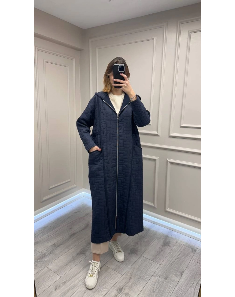 Ceremony 6838 Lacivert Kapüşonu Fermuar Detaylı Kapitone Kap