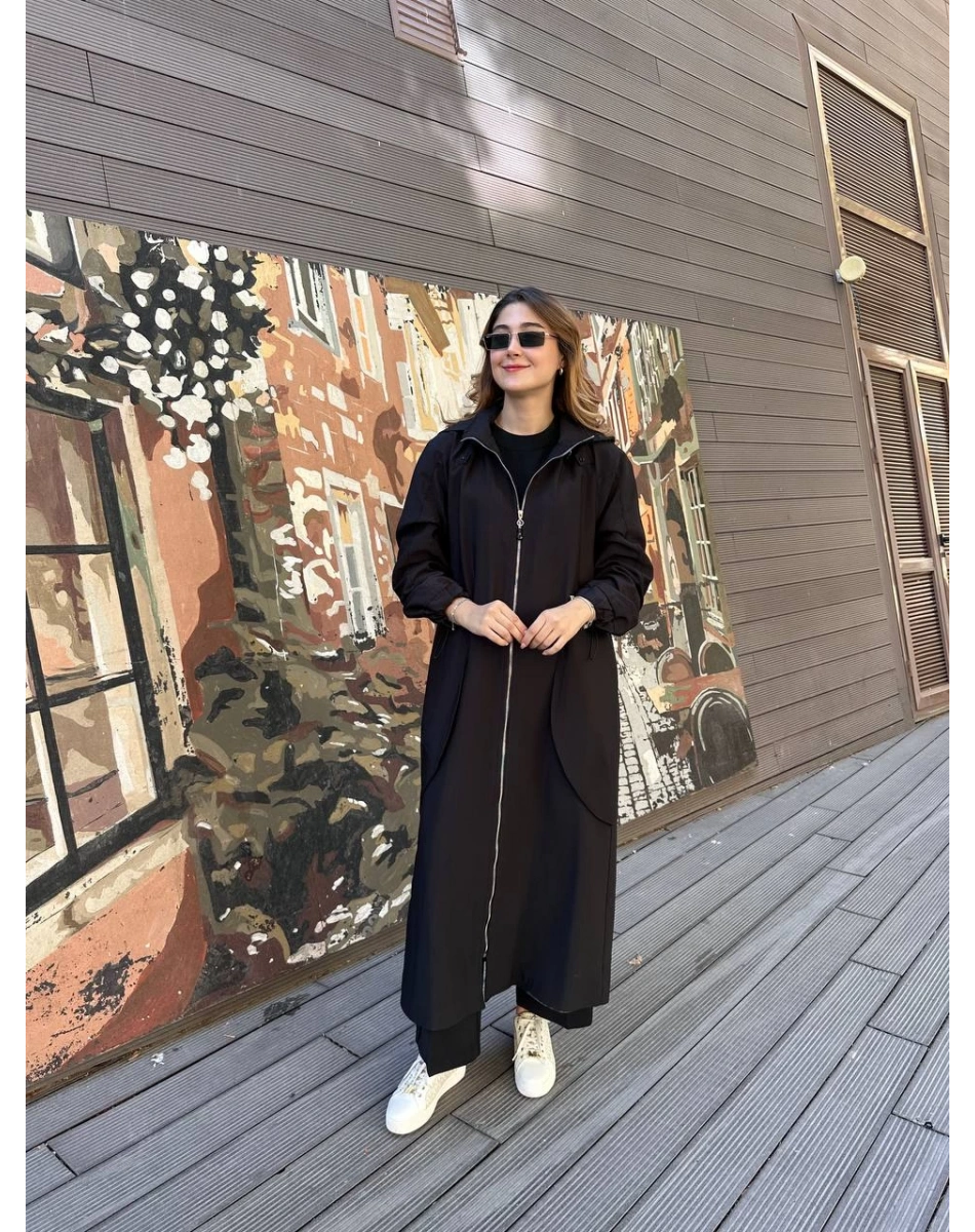 Ceremony 6839 Siyah Yanları Büzgülü Trençkot