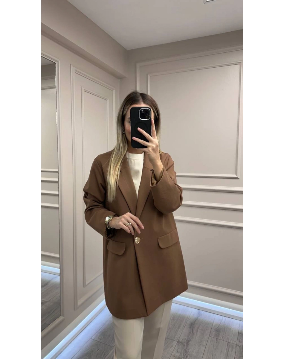 Ceremony 6846 Camel Tek Düğmeli Blazer Çelik Ceket