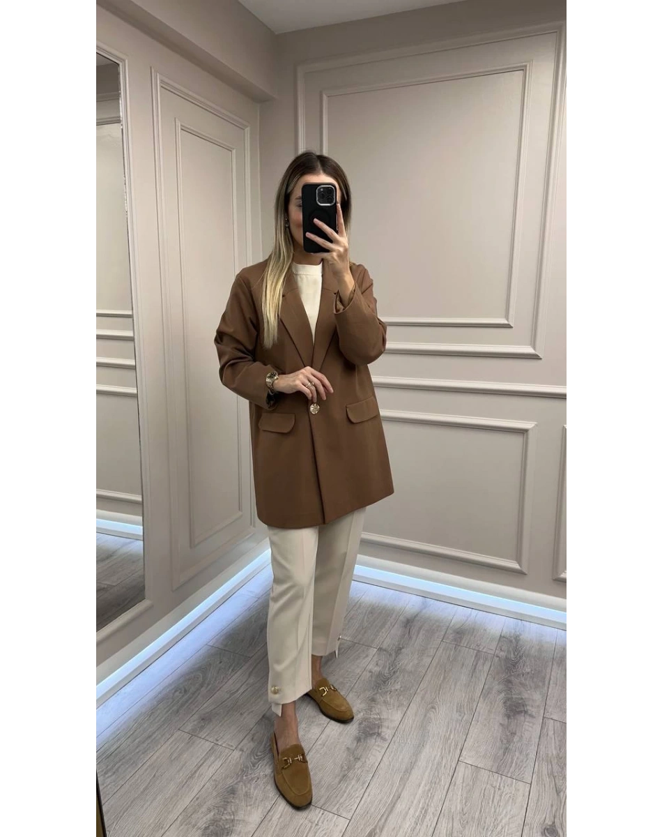 Ceremony 6846 Camel Tek Düğmeli Blazer Çelik Ceket