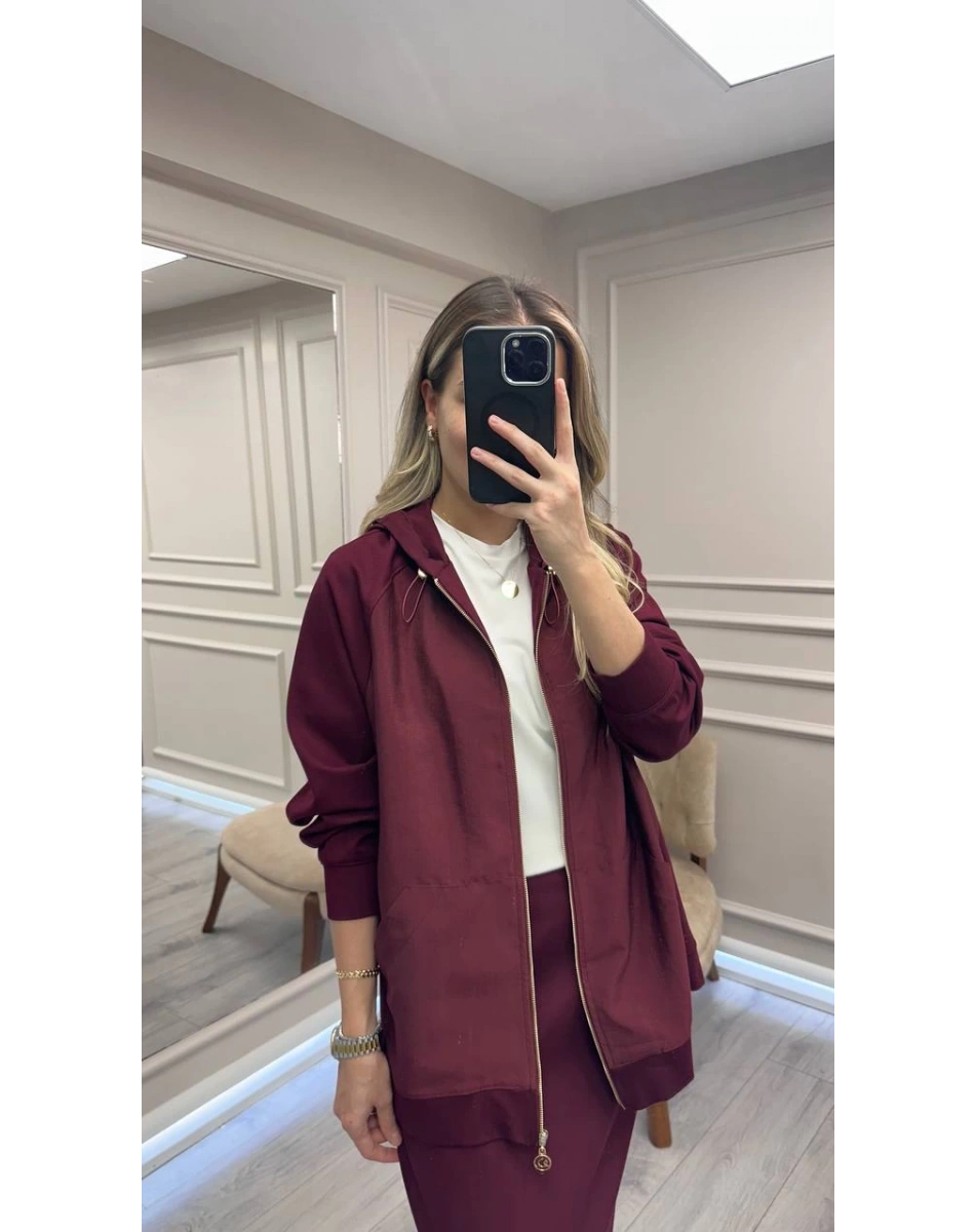 Ceremony 6865 Bordo Önden Fermuarlı Kapüşonlu Ceket