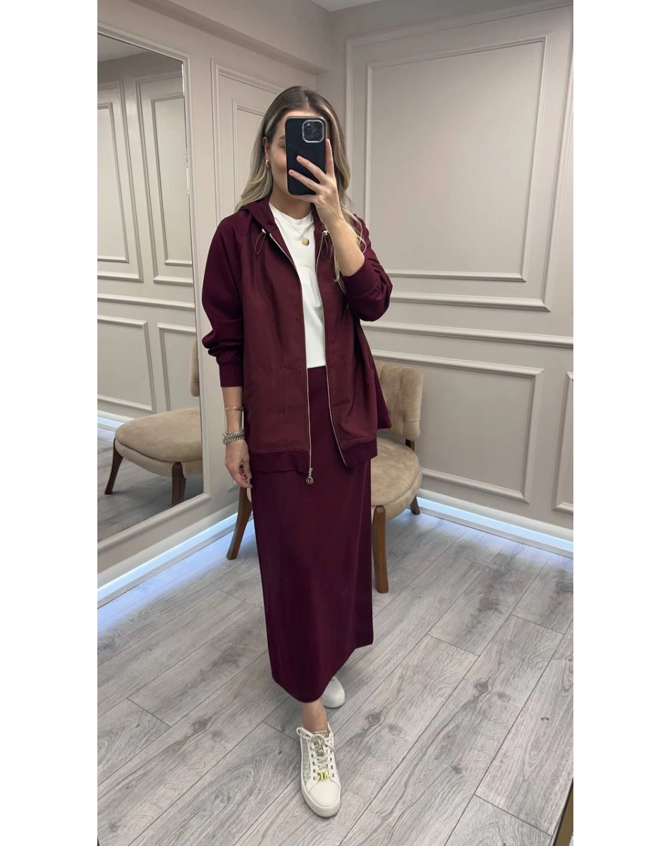 Ceremony 6865 Bordo Önden Fermuarlı Kapüşonlu Ceket