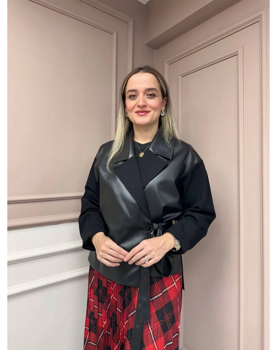 Ceremony 6871 Siyah Yandan Bağlamalı Deri Ceket