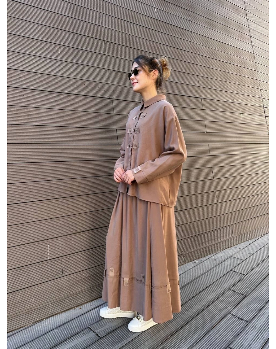 Ceremony 6904 Sütlü Kahve Düğme Detaylı Etekli Takım