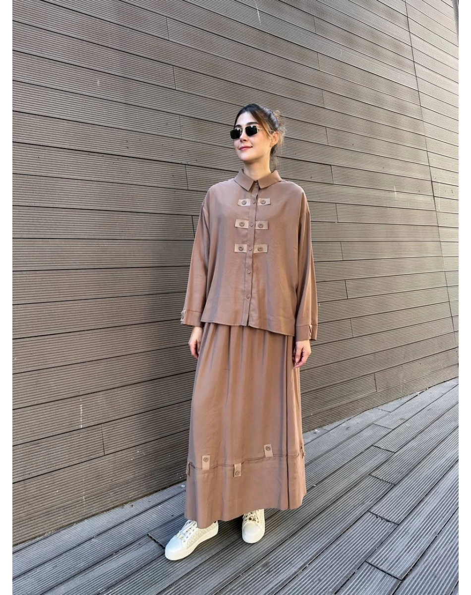 Ceremony 6904 Sütlü Kahve Düğme Detaylı Etekli Takım