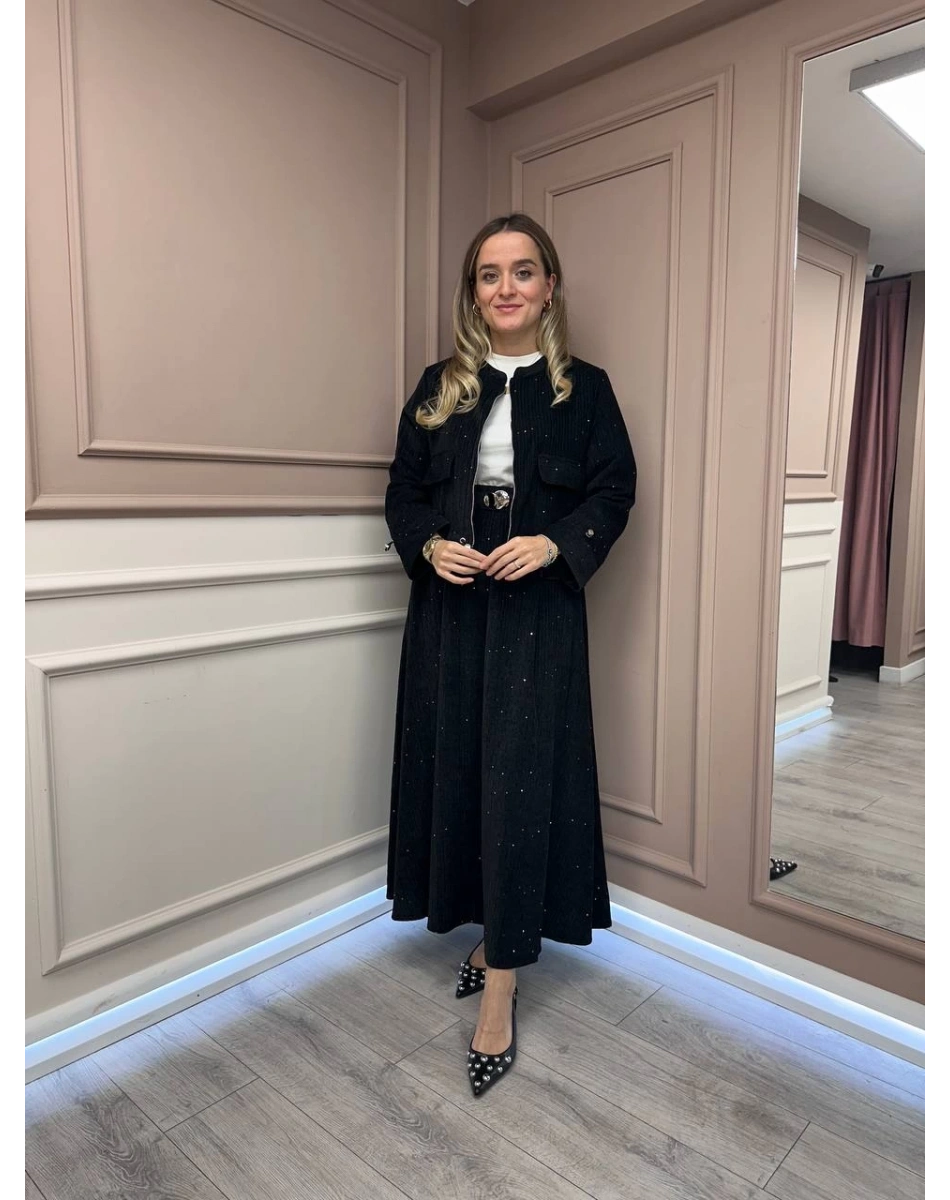 Ceremony 6918 Siyah Kadife Pul Detaylı Etekli Takım