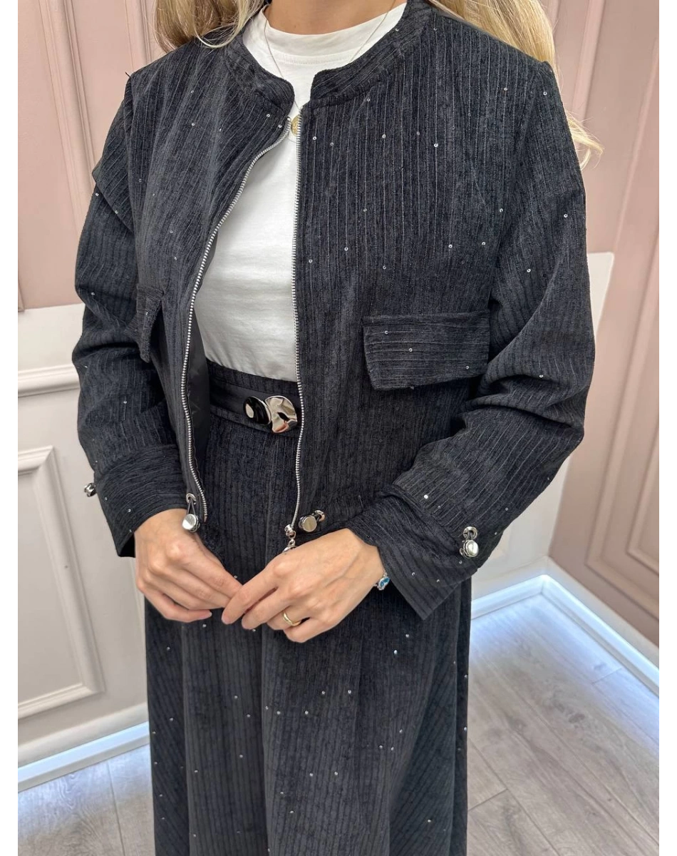 Ceremony 6918 Siyah Kadife Pul Detaylı Etekli Takım