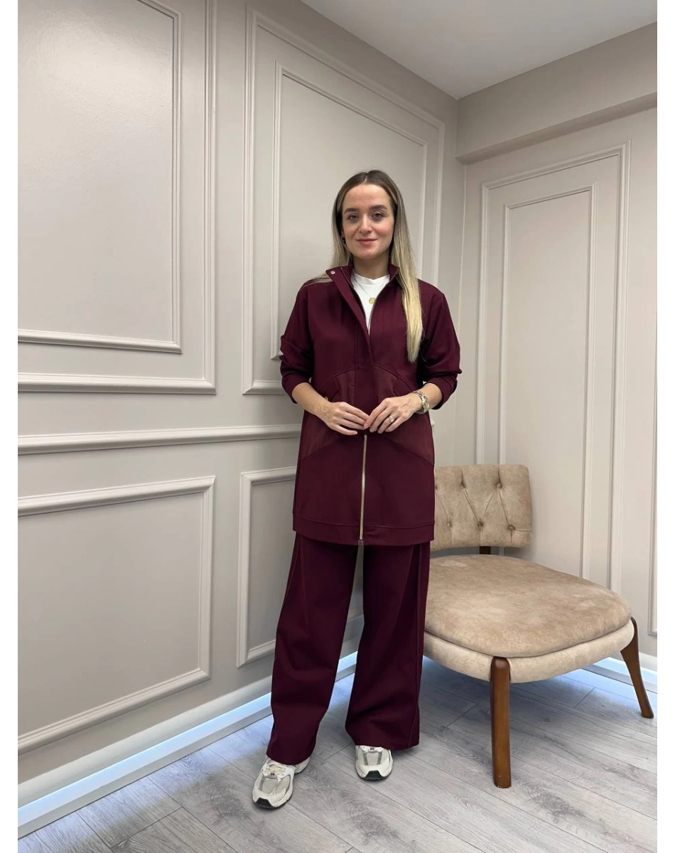 Ceremony 6921 Bordo Önden Fermuarlı Yarım Patlı Ceketli Takım