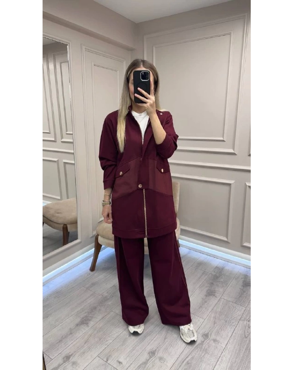Ceremony 6921 Bordo Önden Fermuarlı Yarım Patlı Ceketli Takım