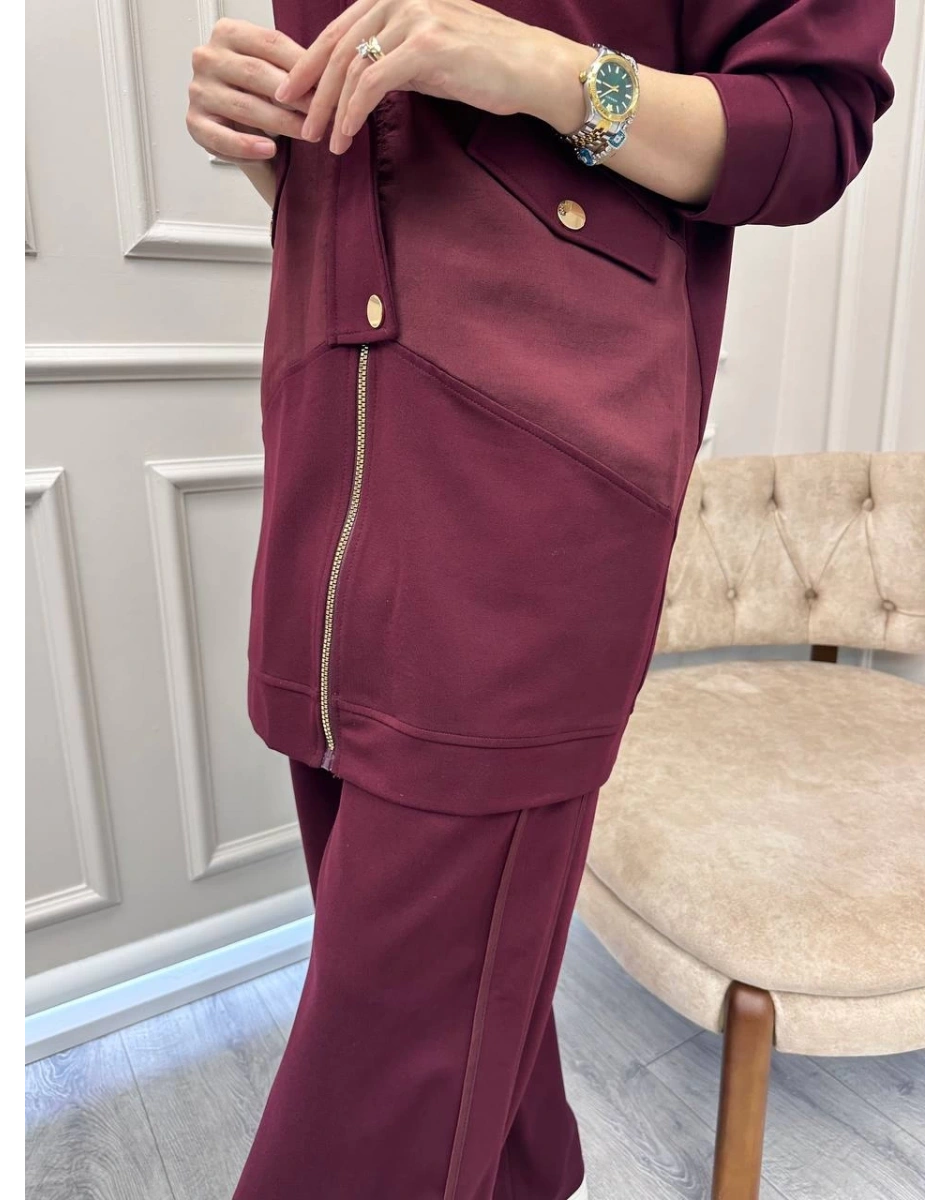 Ceremony 6921 Bordo Önden Fermuarlı Yarım Patlı Ceketli Takım