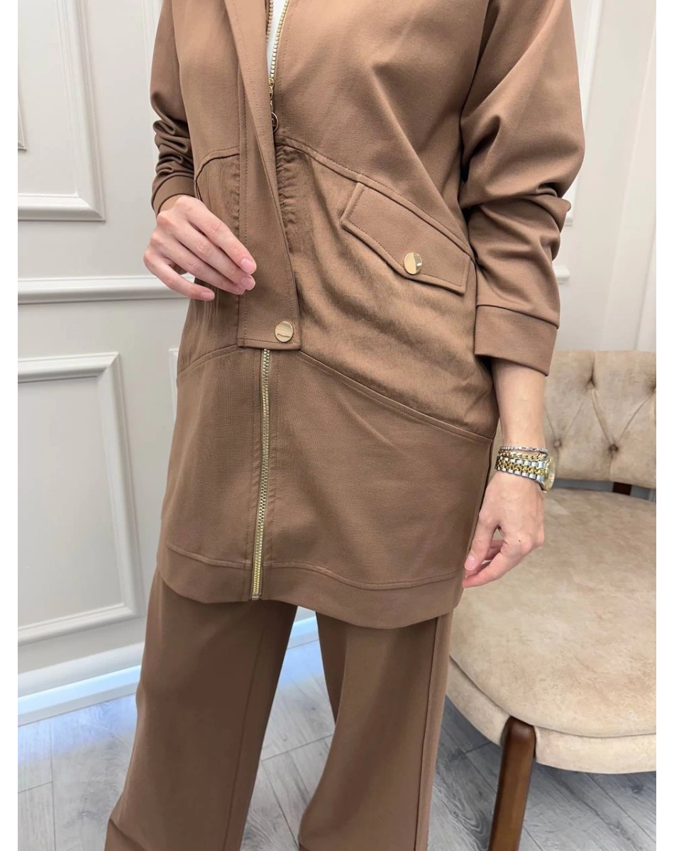 Ceremony 6921 Camel Önden Fermuarlı Yarım Patlı Ceketli Takım