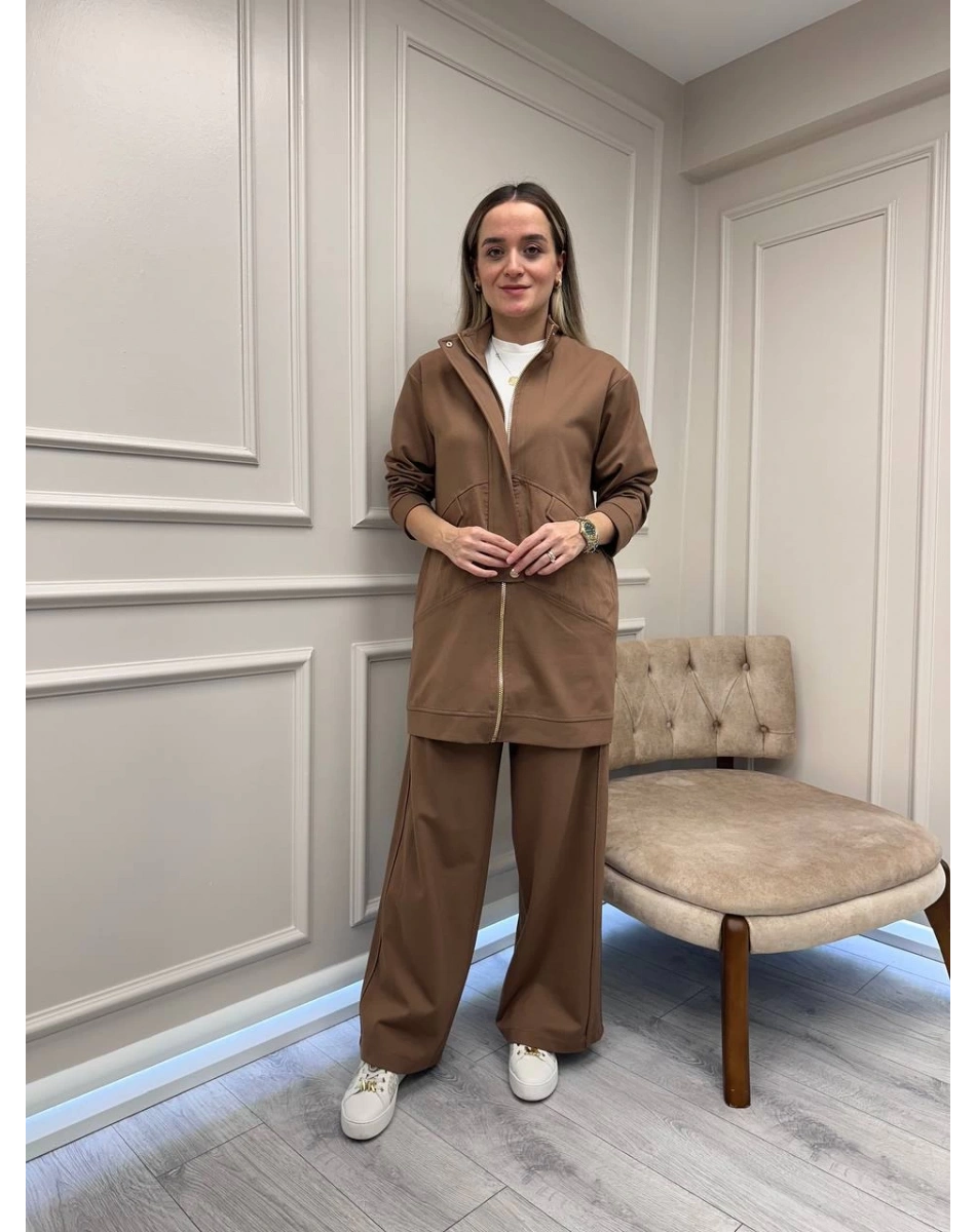 Ceremony 6921 Camel Önden Fermuarlı Yarım Patlı Ceketli Takım