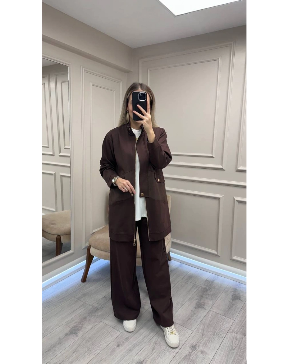 Ceremony 6921 Kahverengi Önden Fermuarlı Yarım Patlı Ceketli Takım