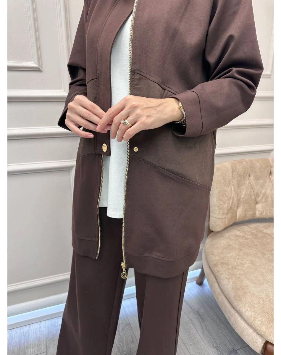 Ceremony 6921 Kahverengi Önden Fermuarlı Yarım Patlı Ceketli Takım