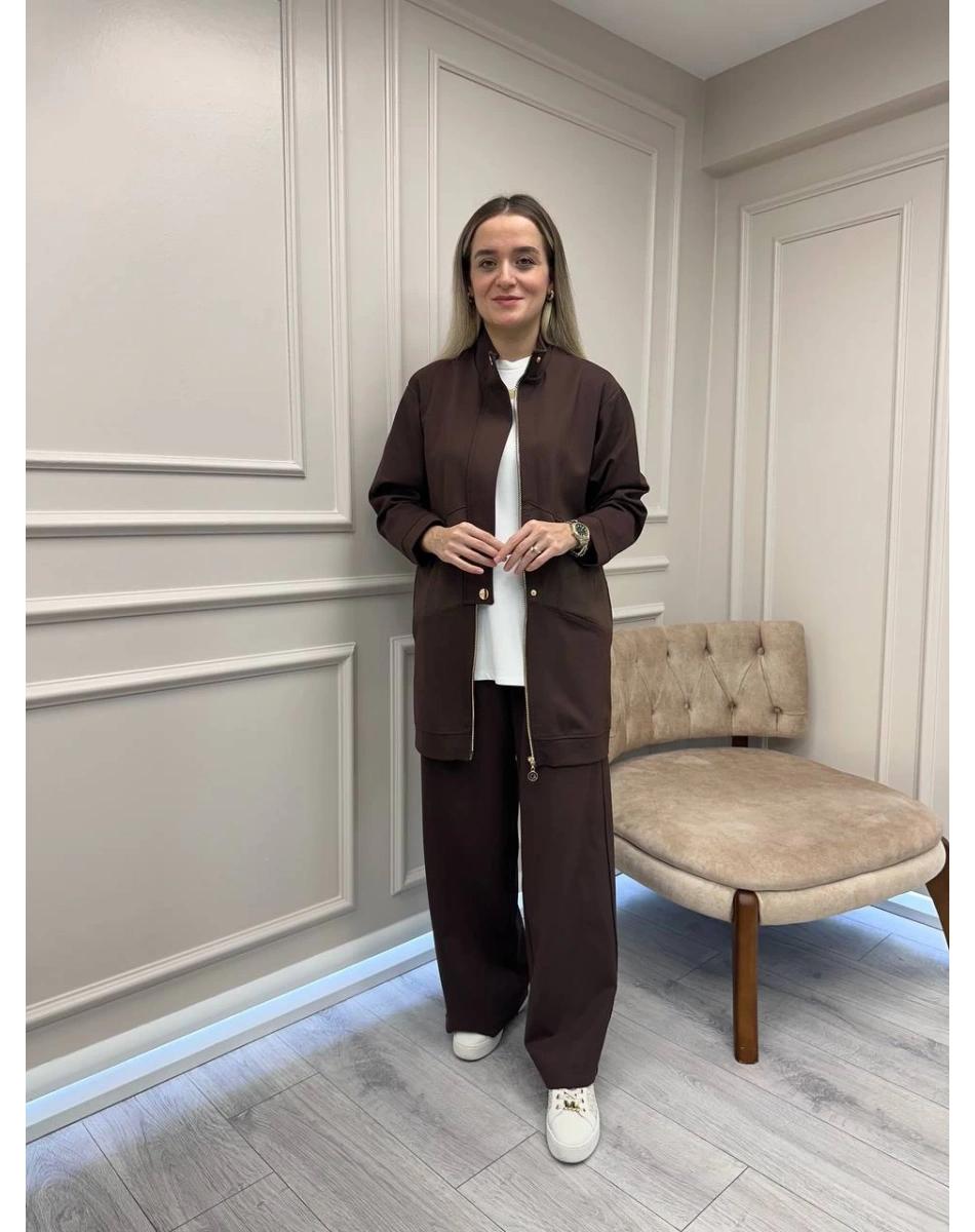 Ceremony 6921 Kahverengi Önden Fermuarlı Yarım Patlı Ceketli Takım