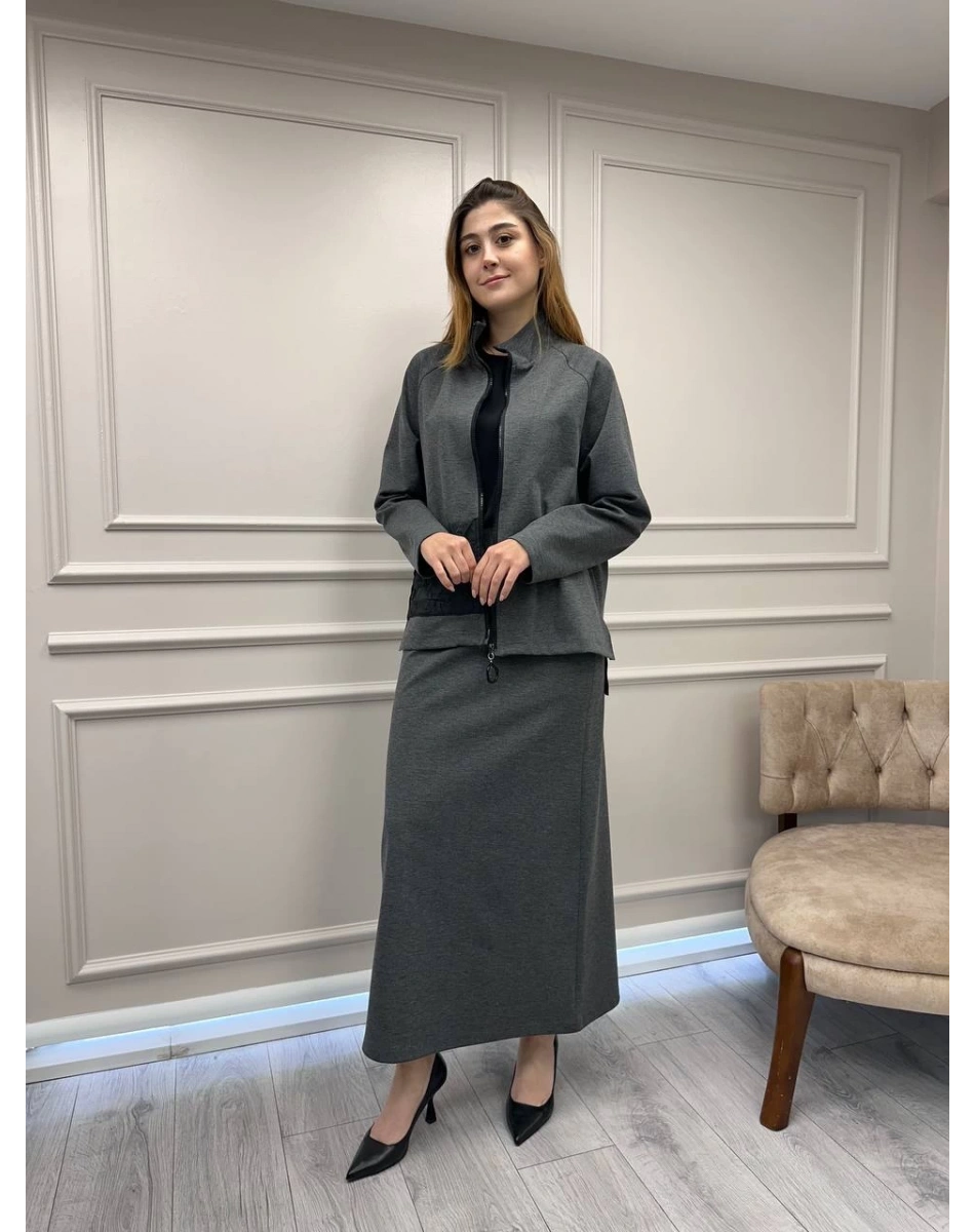 Ceremony 6925 Gri Önü Fermuarlı Etekli Takım