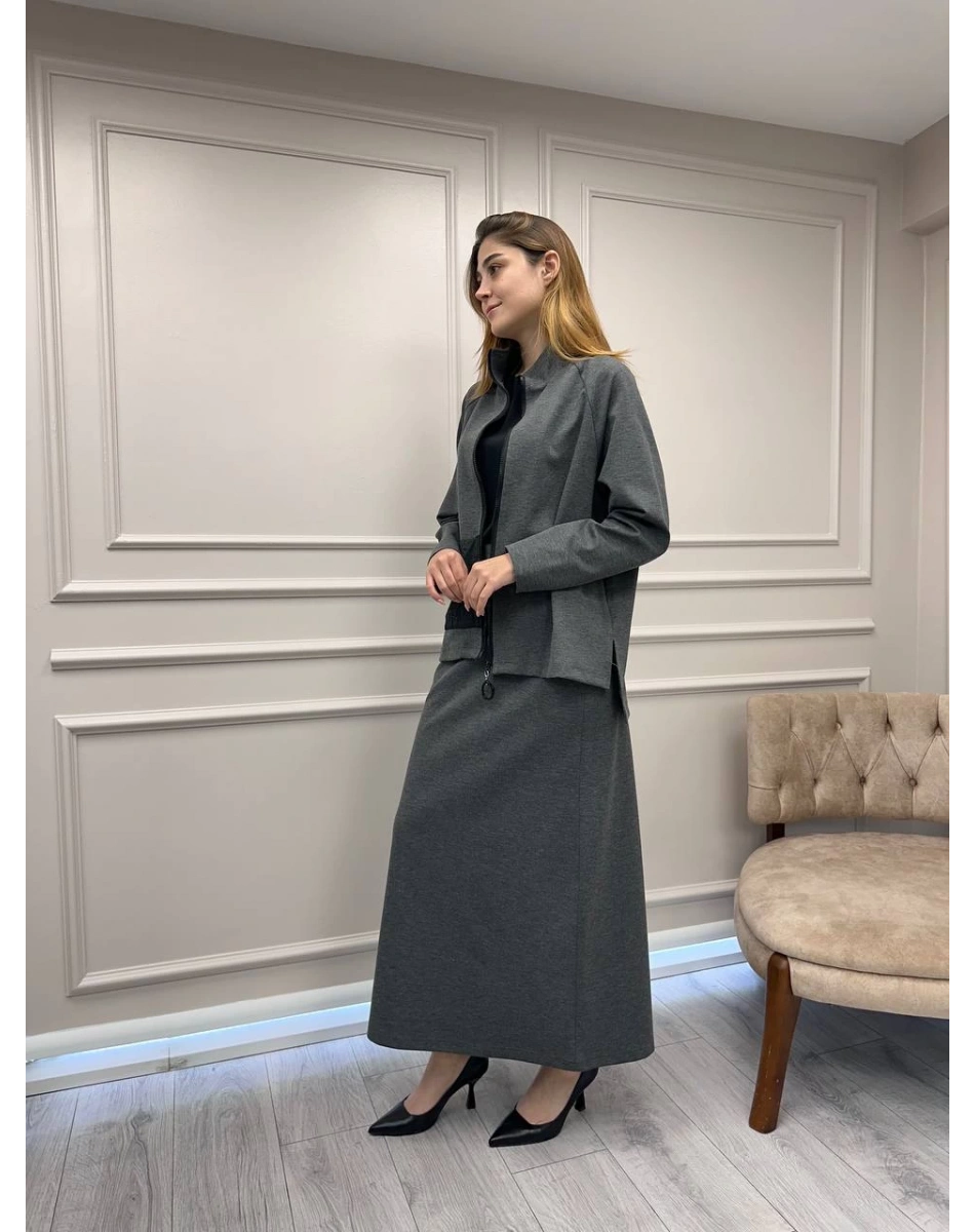 Ceremony 6925 Gri Önü Fermuarlı Etekli Takım
