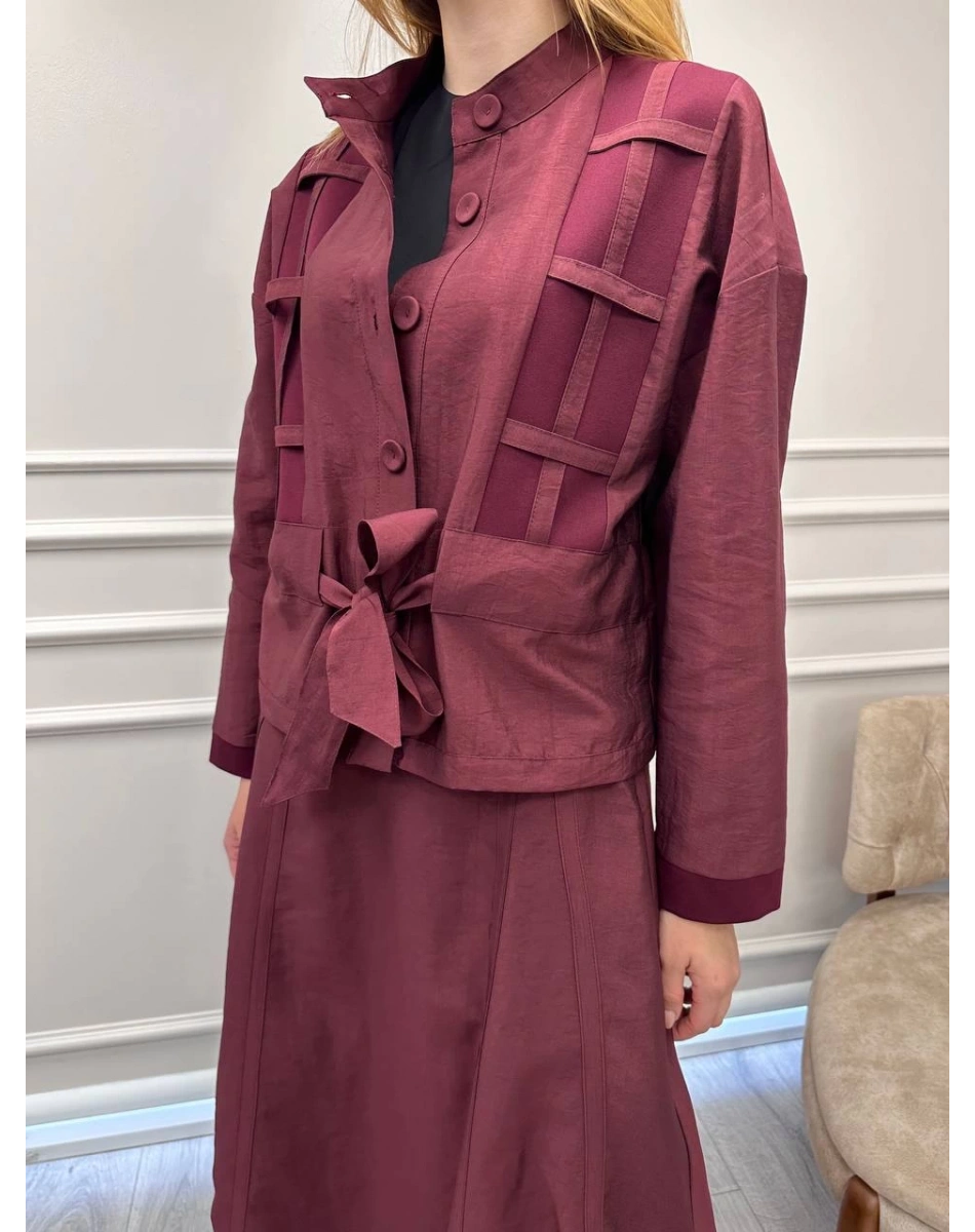 Ceremony 6930 Mürdüm Ceketi Kafes Detaylı Eteğin Yanları Düğme Detaylı Takım