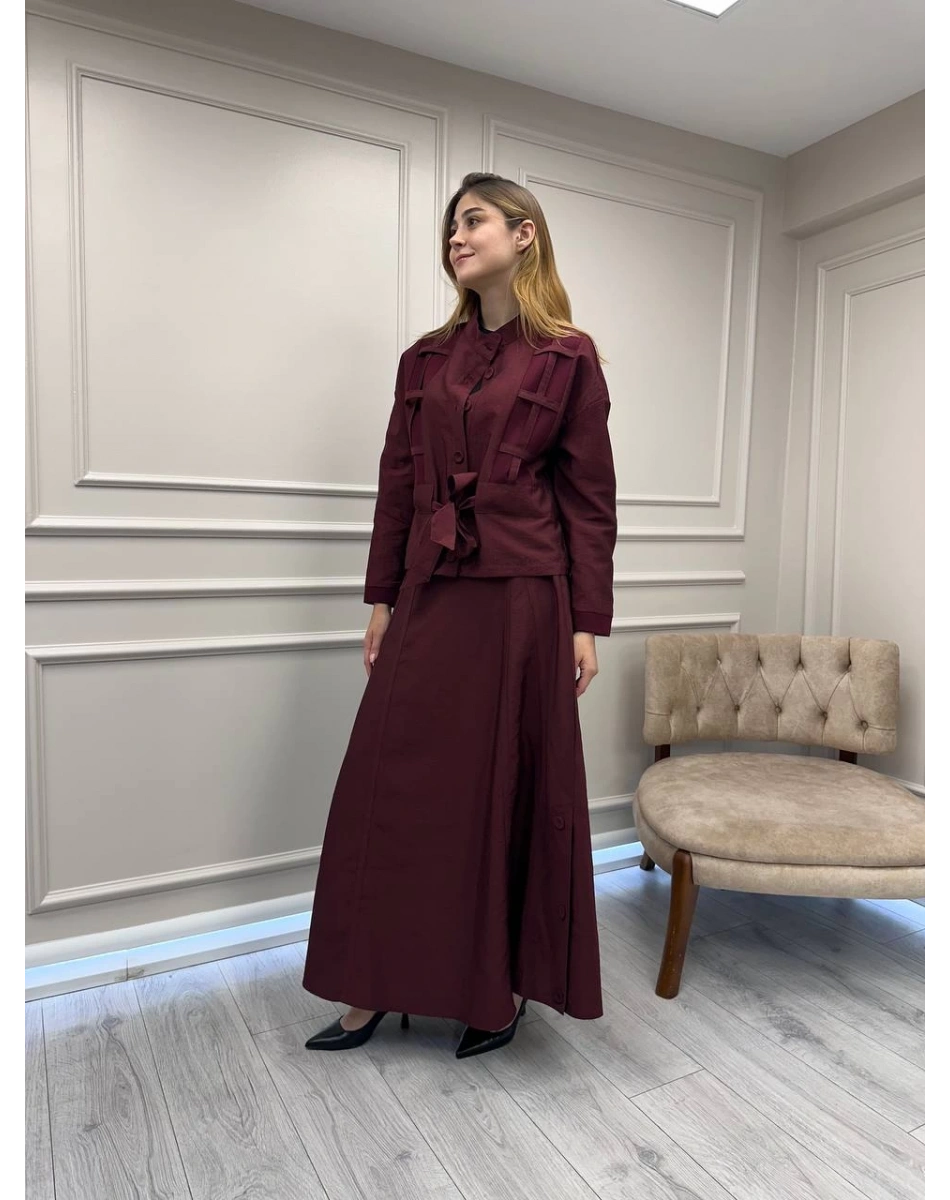 Ceremony 6930 Mürdüm Ceketi Kafes Detaylı Eteğin Yanları Düğme Detaylı Takım