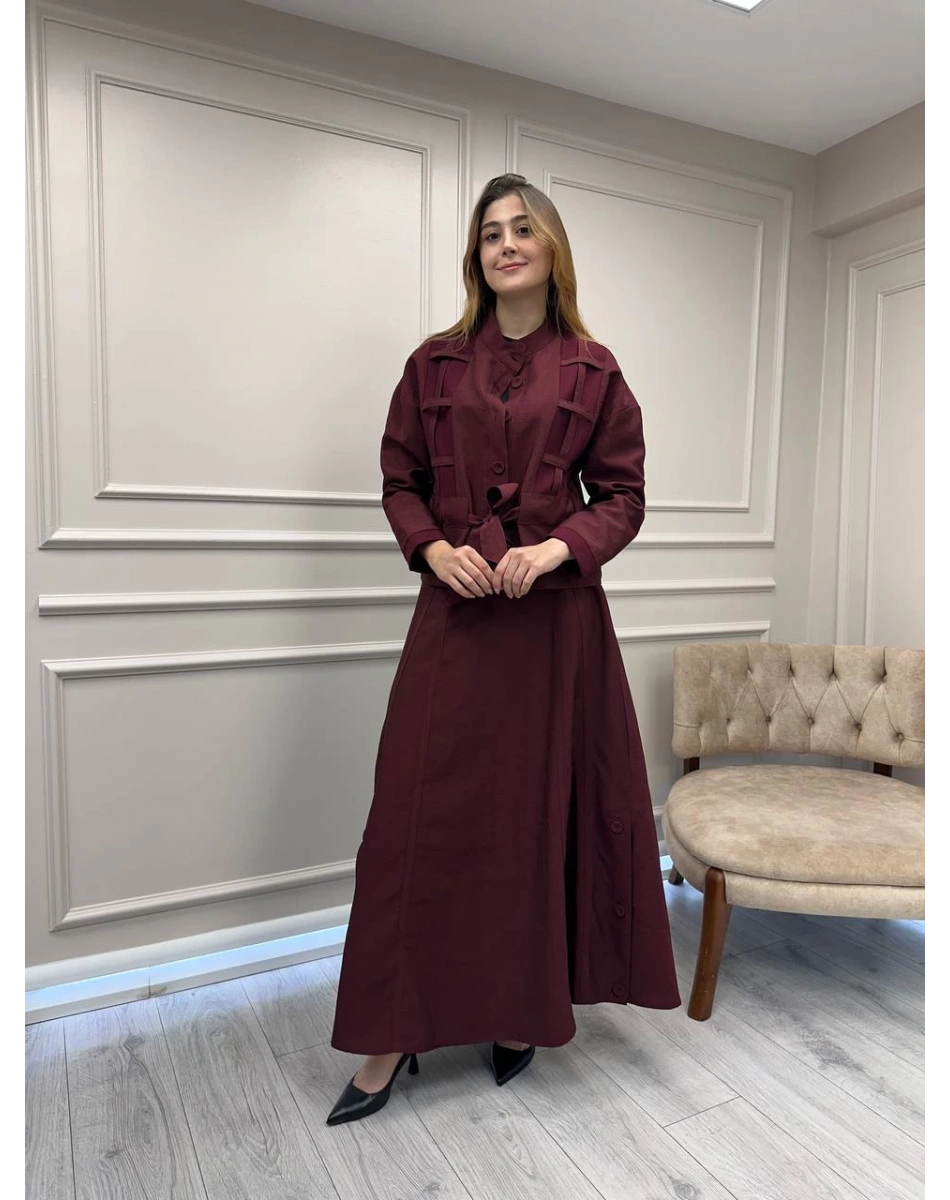 Ceremony 6930 Mürdüm Ceketi Kafes Detaylı Eteğin Yanları Düğme Detaylı Takım