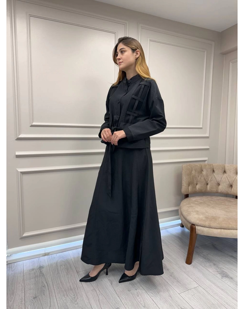 Ceremony 6930 Siyah Ceketi Kafes Detaylı Eteğin Yanları Düğme Detaylı Takım