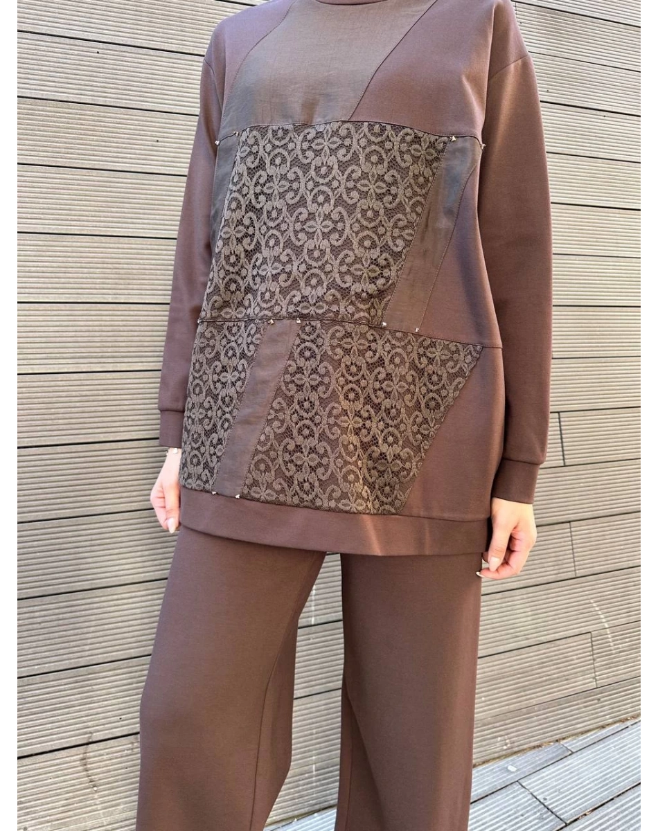 Ceremony 6932 Kahverengi Dantel Detaylı İkili Takım