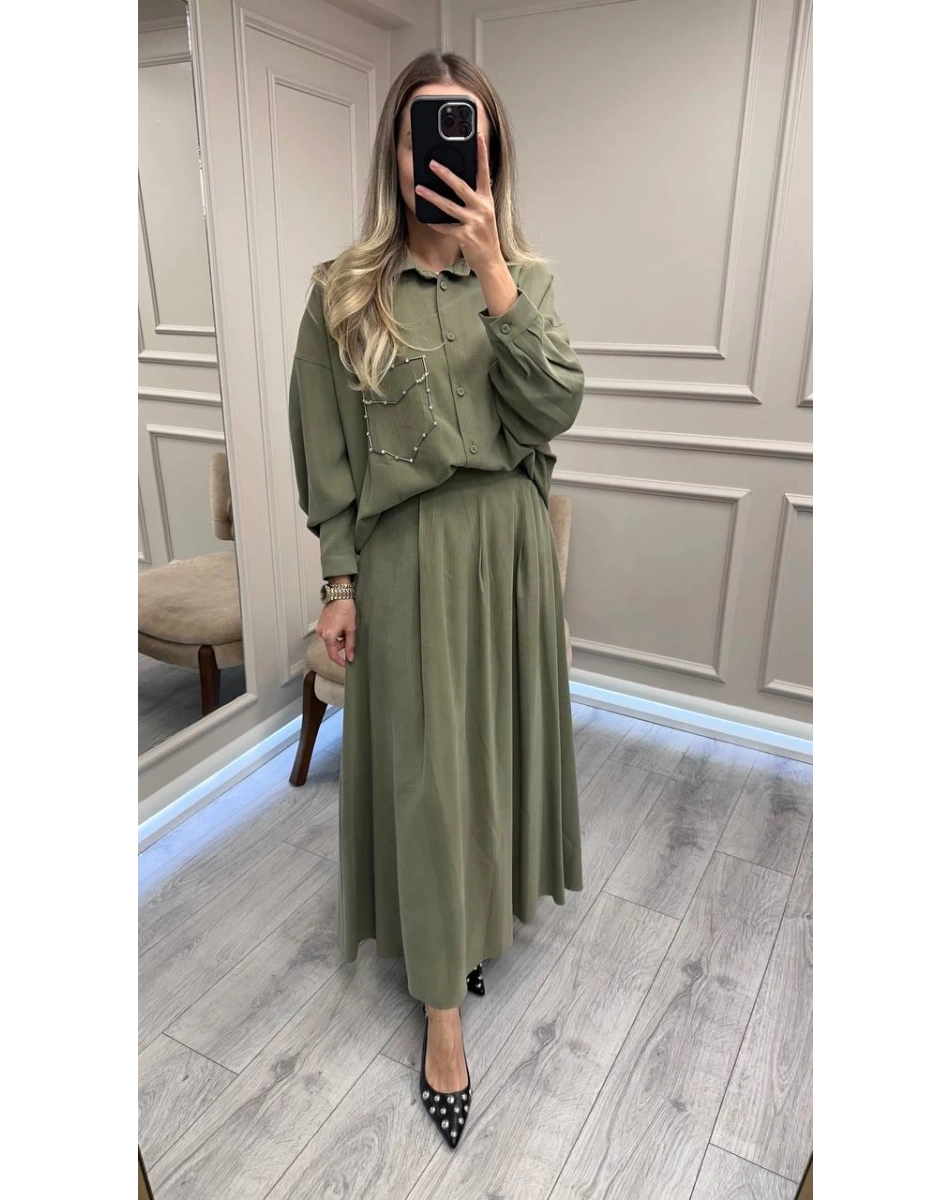 Ceremony 6945 Haki Tuniği Boncuk İşlemeli Etekli Takım