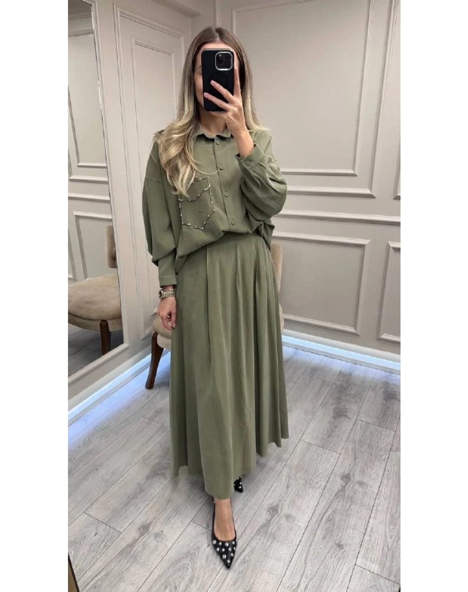 Ceremony 6945 Haki Tuniği Boncuk İşlemeli Etekli Takım