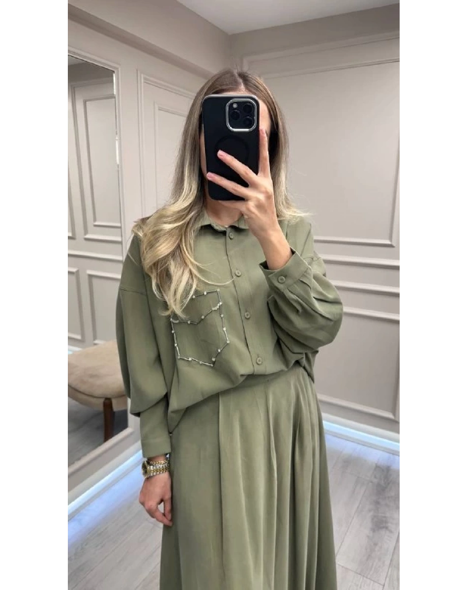 Ceremony 6945 Haki Tuniği Boncuk İşlemeli Etekli Takım