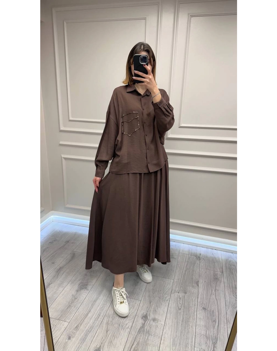 Ceremony 6945 Kahverengi Tuniği Boncuk İşlemeli Etekli Takım