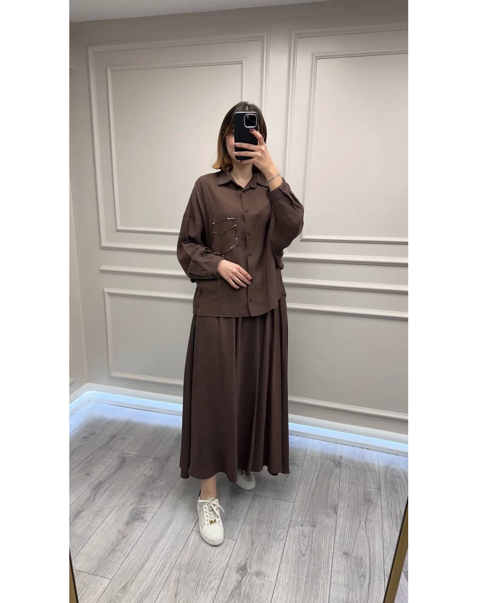 Ceremony 6945 Kahverengi Tuniği Boncuk İşlemeli Etekli Takım