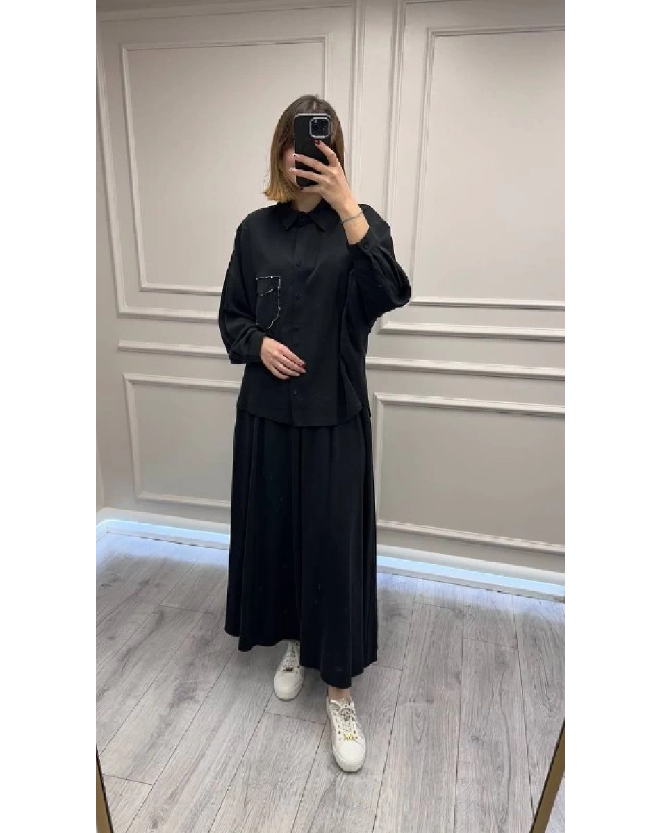 Ceremony 6945 Siyah Tuniği Boncuk İşlemeli Etekli Takım