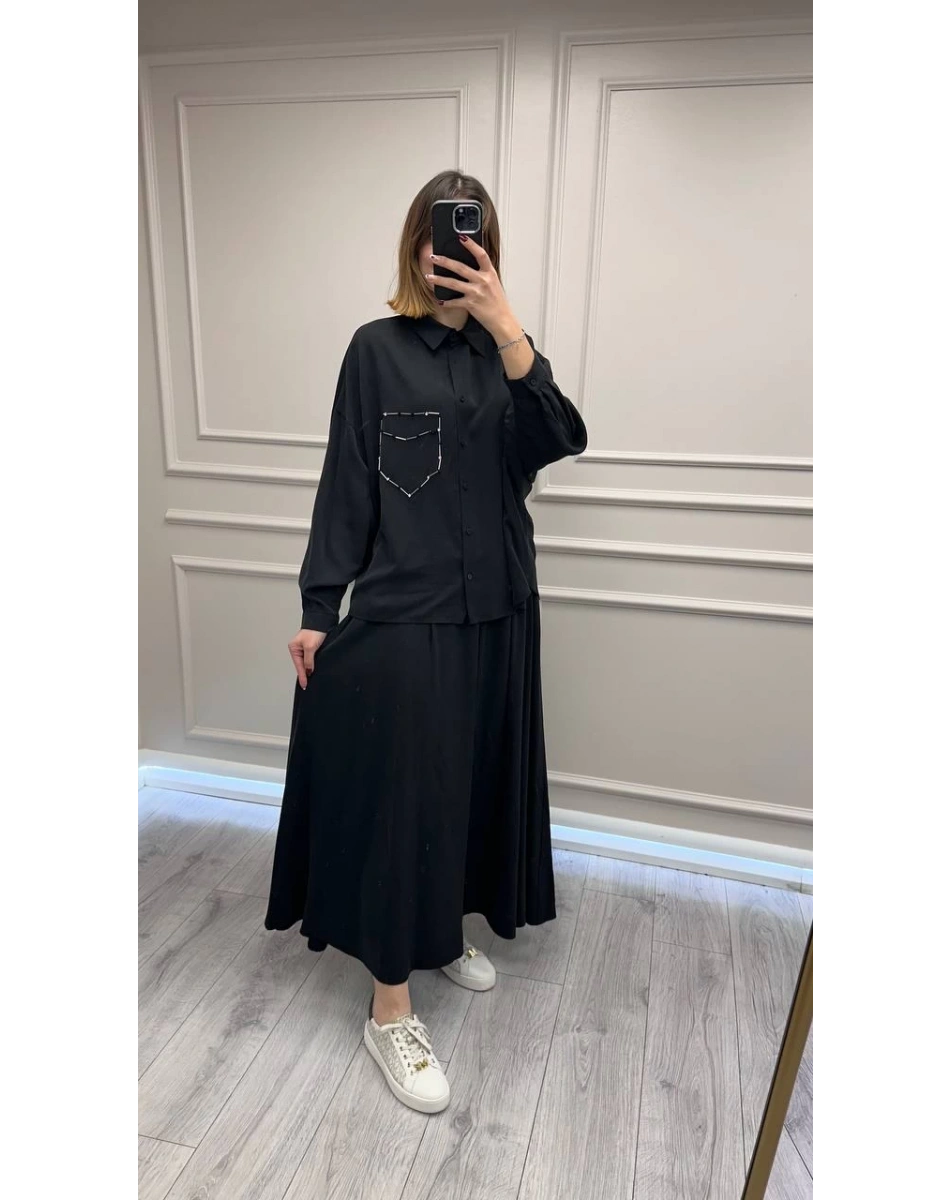 Ceremony 6945 Siyah Tuniği Boncuk İşlemeli Etekli Takım