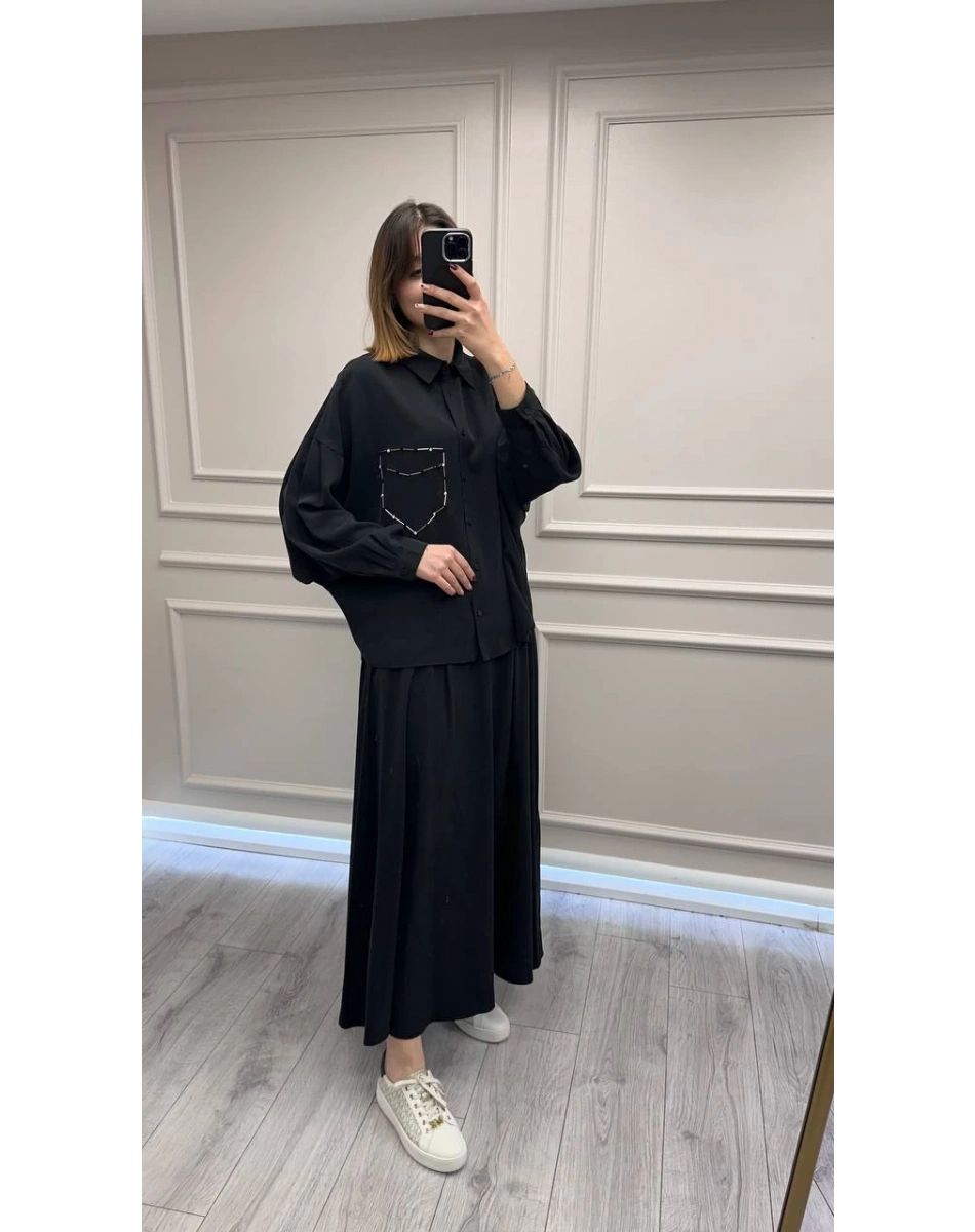 Ceremony 6945 Siyah Tuniği Boncuk İşlemeli Etekli Takım