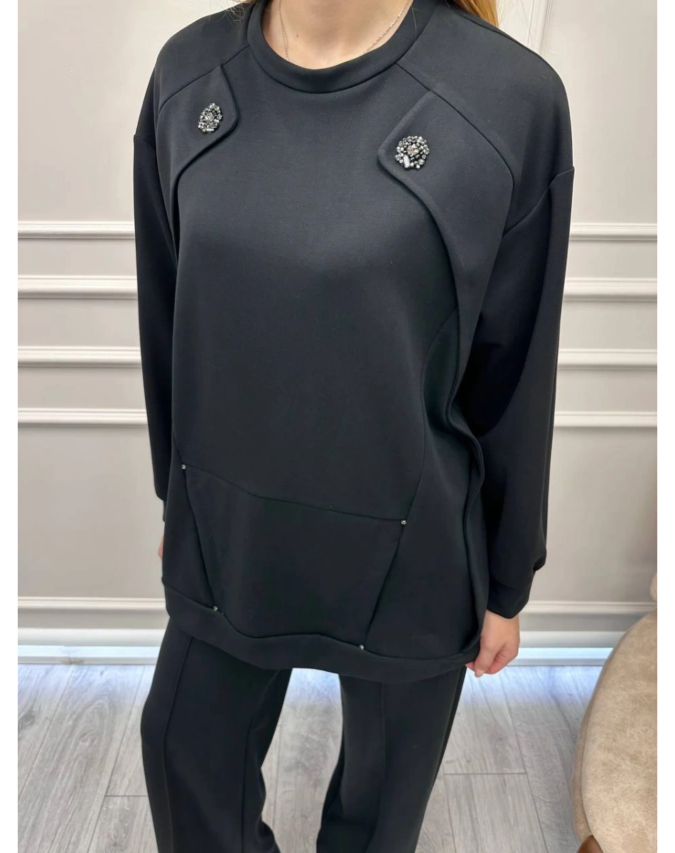 Ceremony 6947 Siyah Kanguru Cepli Taş İşlemeli Takım