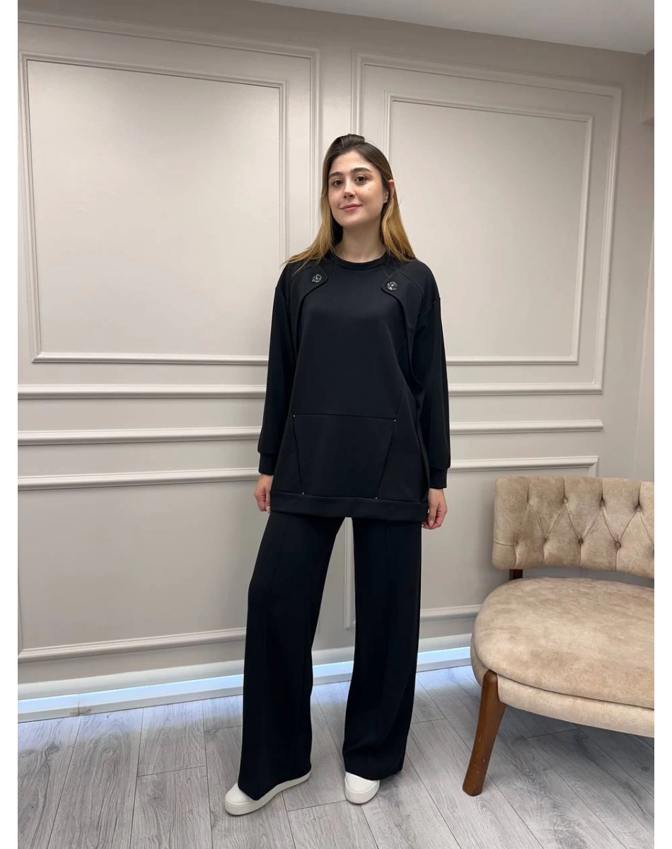 Ceremony 6947 Siyah Kanguru Cepli Taş İşlemeli Takım